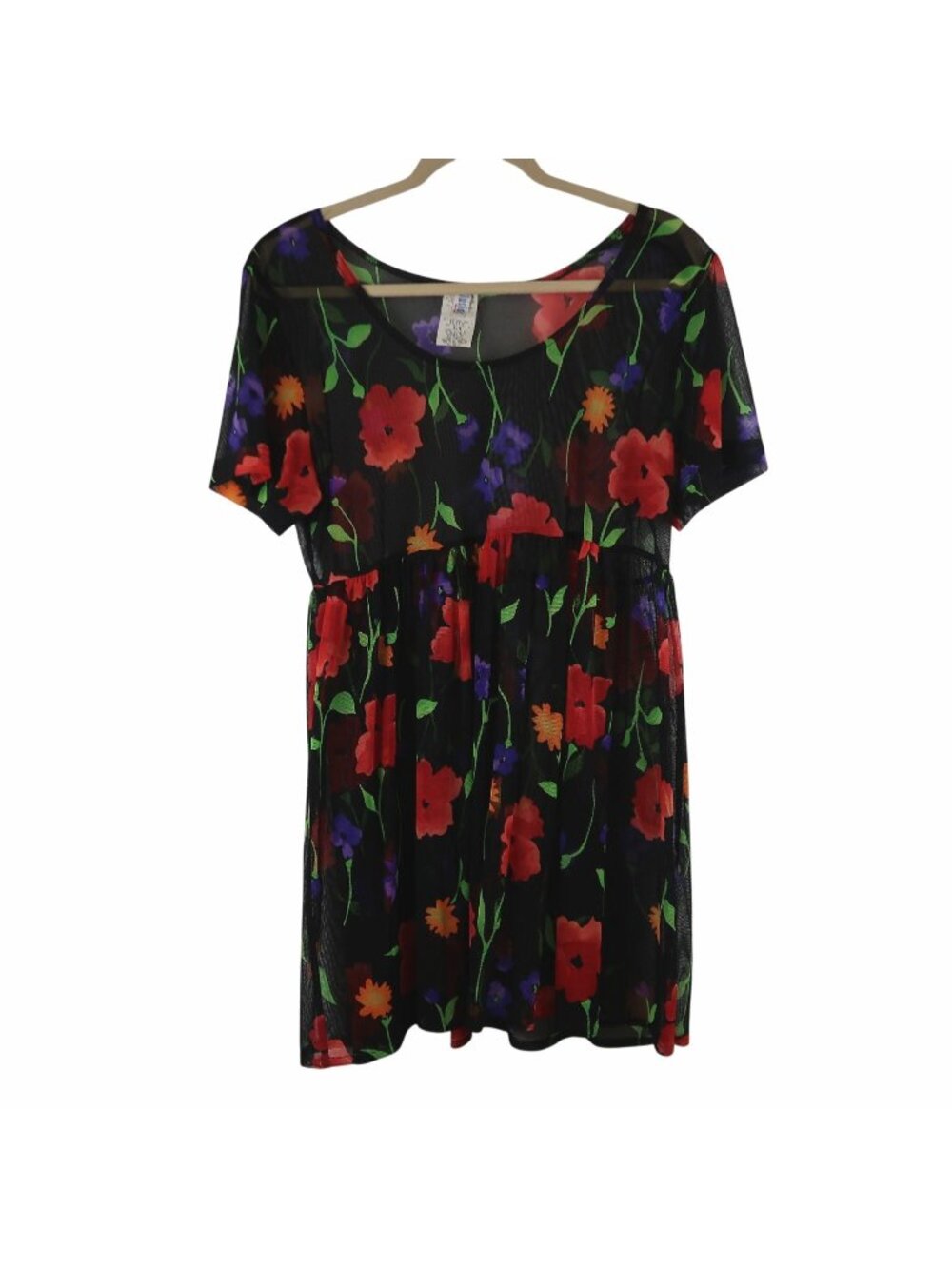 Illusions S/M VTG 90's Sheer Floral Mesh Dress Black Short Sleeve Made In USA